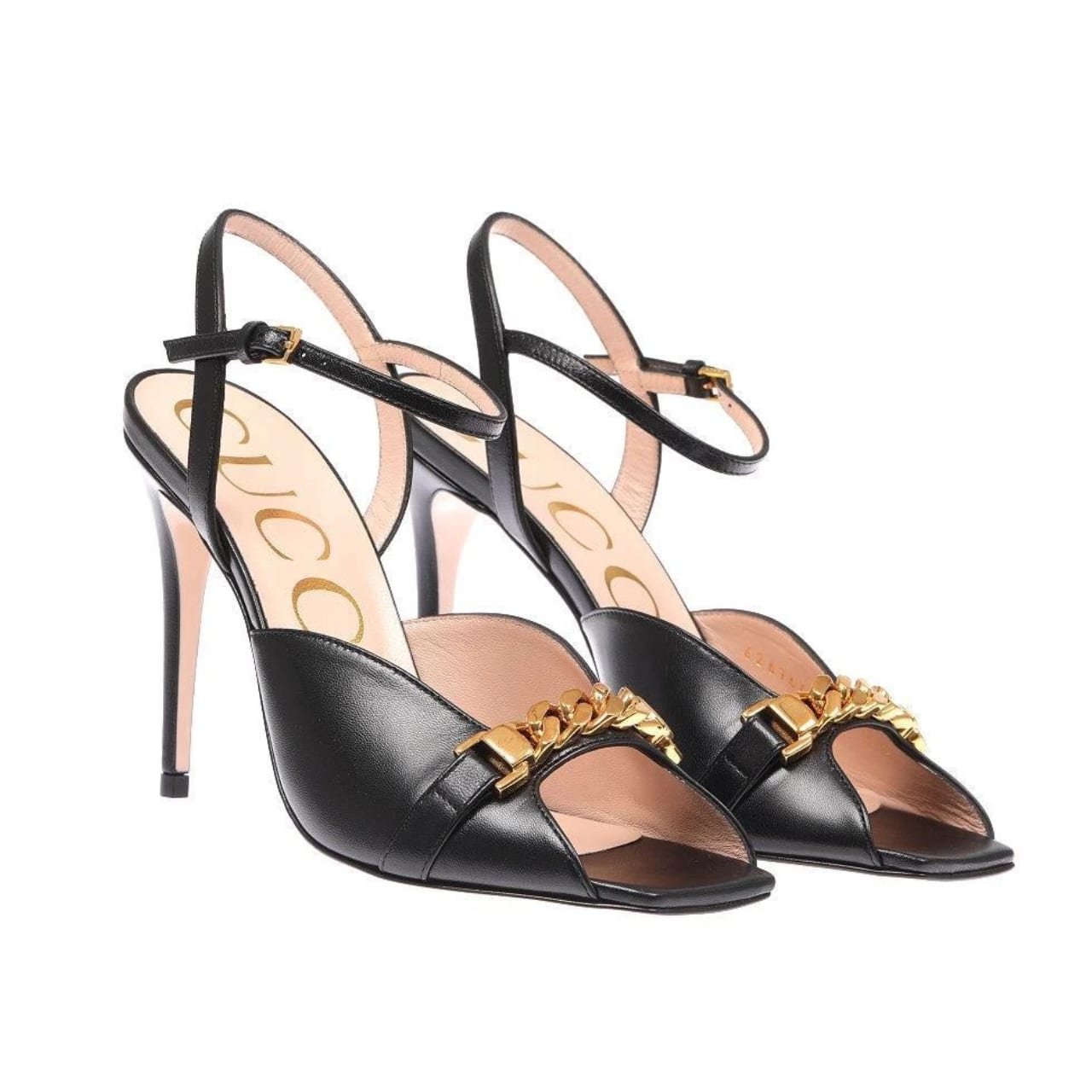 55-3 Gucci Ankle Buckle Strap Sylvie Chain Sandals In Black - Image 1