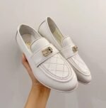Chanel 20B Quilted Boy Lego Metal CC Logo Gold Mule Slip On Flat Loafers White - Image 5