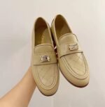 Chanel 20B Quilted Boy Lego Metal Logo Gold Mule Slip On Flat Loafers Beige - Image 2