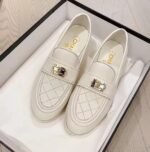 Chanel 20B Quilted Boy Lego Metal CC Logo Gold Mule Slip On Flat Loafers White - Image 2