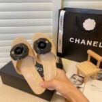 Chanel Black Camellia Slides Beige - Image 5