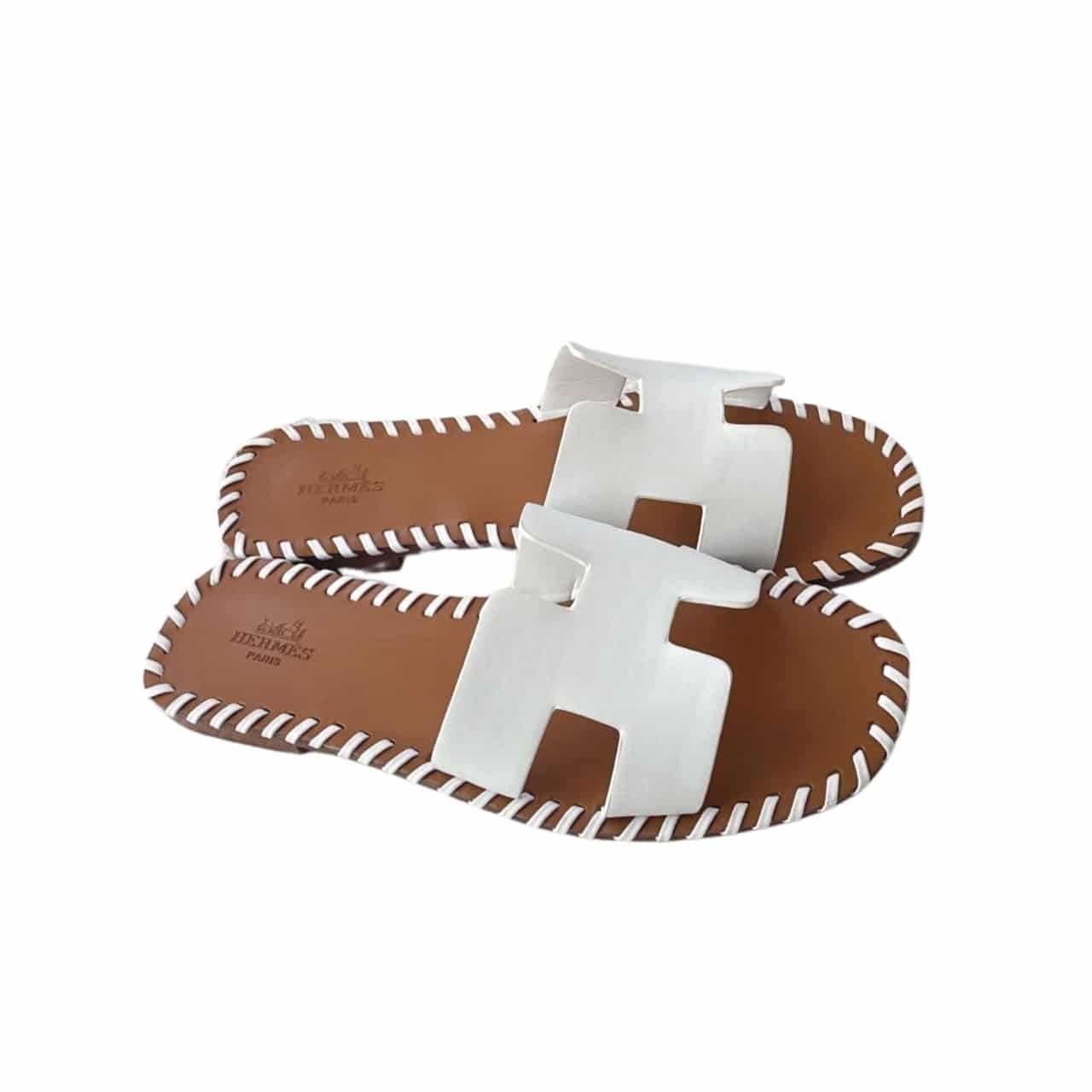 TBNB-2-1-2 Hermes Oran Sandals Stitching In Brown And White - Image 1
