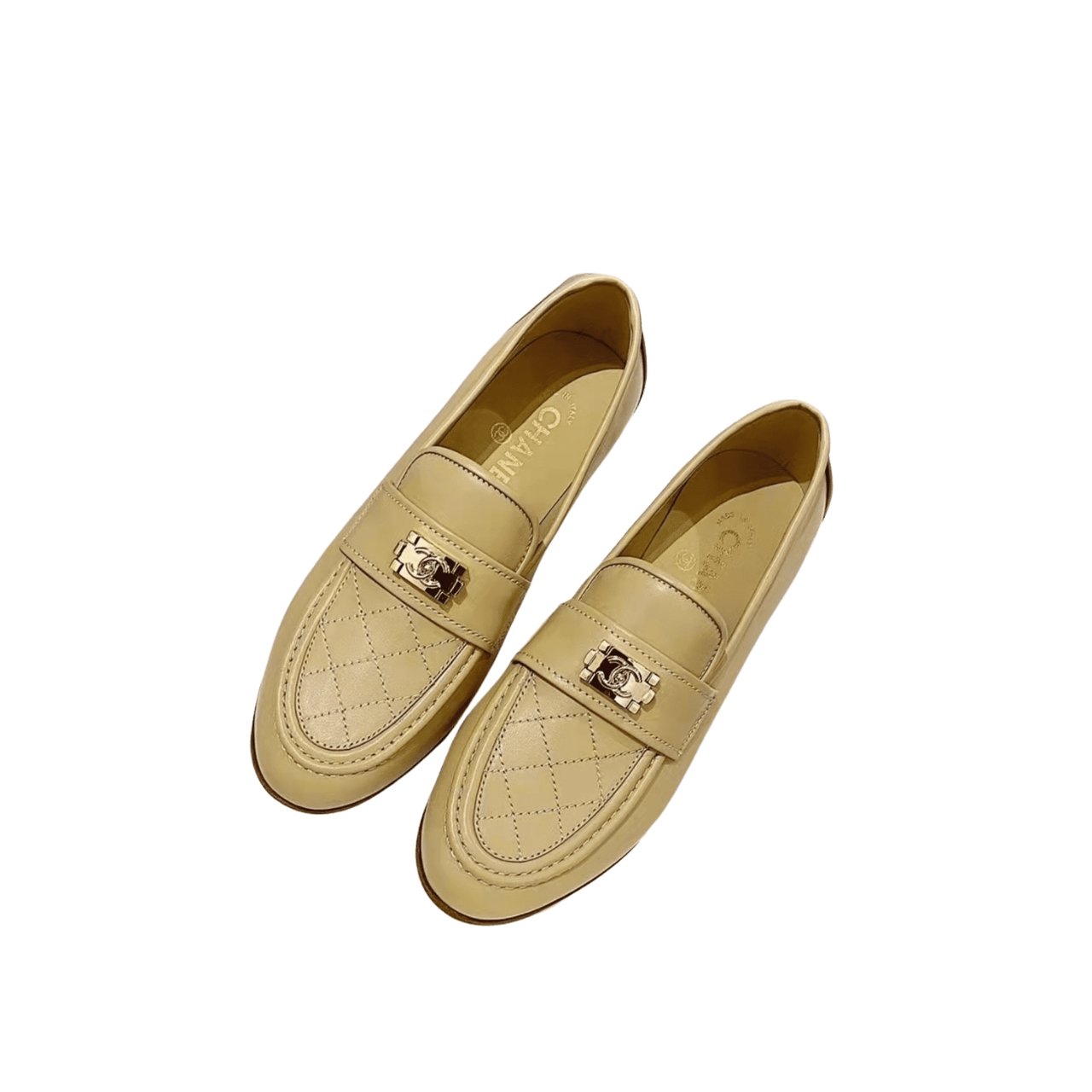 Thumbnail-17-8 Chanel 20B Quilted Boy Lego Metal Logo Gold Mule Slip On Flat Loafers Beige - Image 1